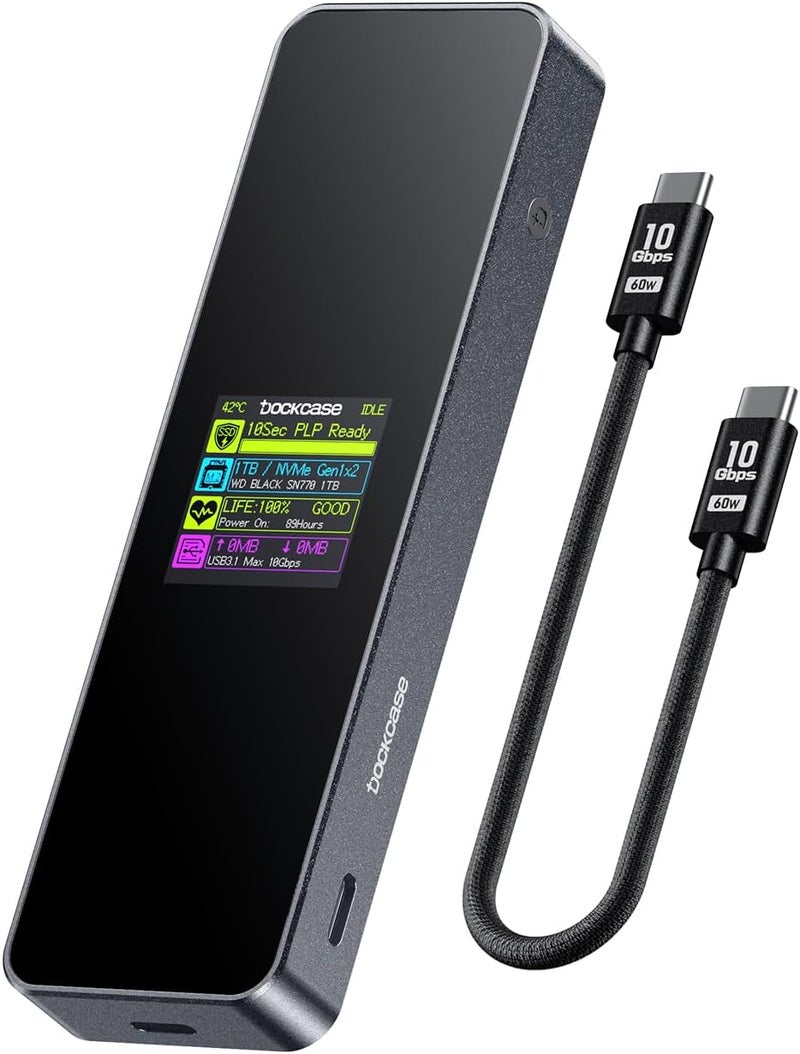 DOCKCASE Visual Smart M.2 NVMe SSD Enclosure,Support 10s PLP Prevents Write Data Loss,USB 3.2 Gen 2 Type-C (10 Gbps),fits NVMe PCIe Size 2230/2242/2260/2280,Support M-Key B+M Key UASP - Image 1